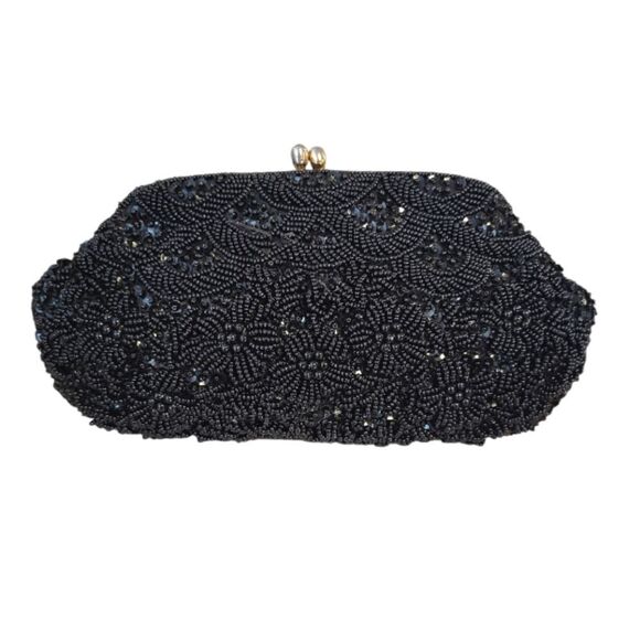 VTG 50s 60s Black Handmade Hong Kong Beaded Sequins Kiss Lock Clutch - Picture 3 of 16